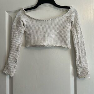 Free People White Textured Long Sleeve Cropped Top
